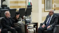 epa12298059 Iran's Supreme National Security Council Secretary Ali Larijani (L) attends a meeting with Lebanese Prime Minister Nawaf Salam at the Government Palace in Beirut, Lebanon, 13 August 2025. Iran's security chief is on a visit to Beirut to meet senior Lebanese officials, and to discuss the Lebanese government's decision to disarm Hezbollah, among other things. EPA/WAEL HAMZEH