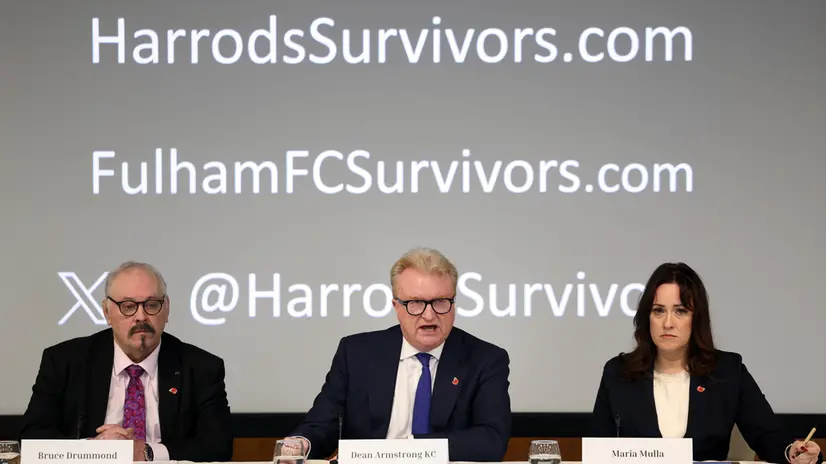 epa11693813 (L-R) Barristers Bruce Drummond, Dean Armstrong KC and Maria Mulla address the media during a Justice for Harrods Survivors press conference in London, Britain, 31 October 2024. Over four hundred people have come forward and made claims against Harrods over alleged sexual misconduct by former Harrods owner Mohamed Al Fayed. EPA/ANDY RAIN