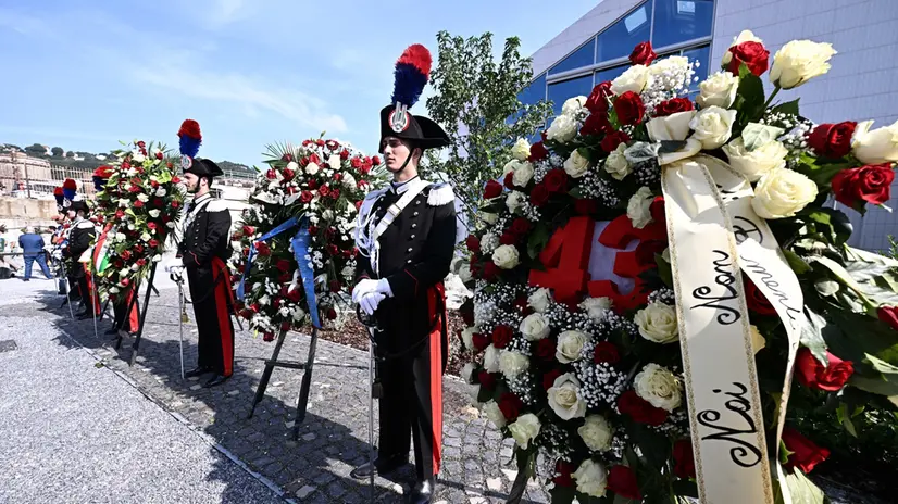 Un momento della commemorazione delle 43 vittime del crollo del ponte Morandi. Genova, 14 agosto 2025. ANSA/LUCA ZENNARO