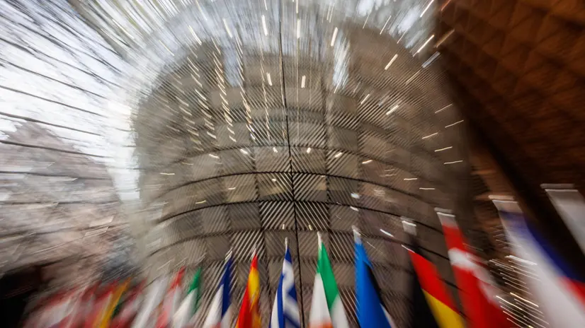 epa12237665 A general view shows flags of the European Union member states at the arrival hall of the European Council building during the Foreign Affairs Council (Trade) in Brussels, Belgium, 14 July 2025. EPA/OLIVIER MATTHYS