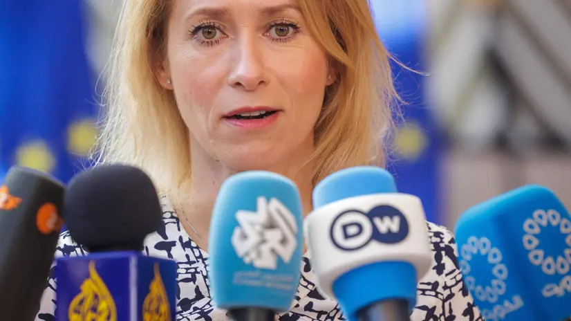 epa12238564 EU High Representative and Vice-President for Foreign Affairs and Security Policy, Kaja Kallas, speaks with journalists at a Foreign Affairs Council at the EU Council in Brussels, Belgium, 15 July 2025. EPA/OLIVIER MATTHYS