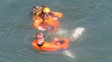 Vigili del fuoco e sommozzatori impegnati nelle ricerche nel fiume Adda di un uomo annegato a Vaprio d’Adda. 28 Giugno 2025. ANSA/ANDREA CANALI
