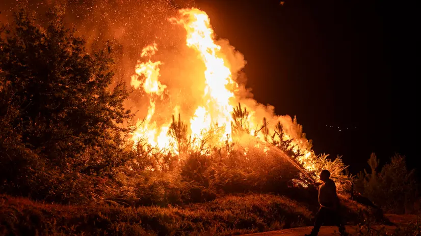 epaselect epa12305750 Locals collaborate to extinguish a forest fire in Carballeda de Avia, Ourense, Galicia province, north-western Spain, 16 August 2025. Multiple blazes continue to affect several provinces in Spain, after burning thousands of hectares across the country. EPA/BRAIS LORENZO