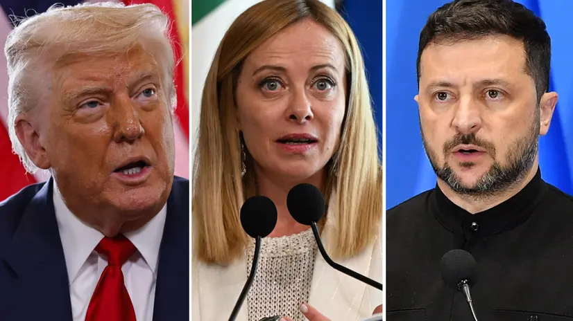 Nella combo, da sinistra: Donald Trump, Giorgia Meloni e Volodymyr Zelensky. ANSA