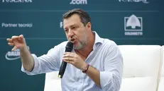 MARINA DI PIETRASANTA (LU), 11 AGOSTO 2025 – Il vicepremier e ministro delle Infrastrutture e dei Trasporti Matteo Salvini durante l'incontro 'Infrastrutture, mobilità, futuro' allo Spazio Caffè de La Versiliana, condotto dal direttore de il Giornale Ales