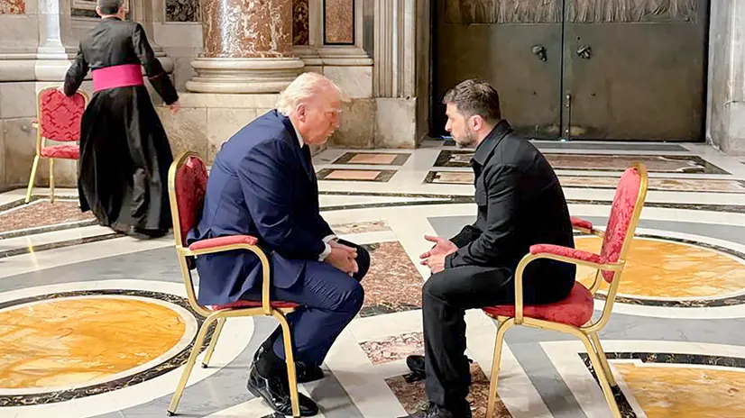 epa12056123 epa12056107 A handout photo made available by the Ukrainian Presidential Press Service shows Ukrainian President Volodymyr Zelensky (R) meeting with US President Donald J. Trump (L) in Saint Peter's Cathedral prior to the funeral Mass of Pope Francis in Saint Peter's Square in Vatican City, 26 April 2025. Pope Francis passed away on Easter Monday, 21 April 2025, at the age of 88. EPA/PRESIDENTIAL PRESS SERVICE HANDOUT HANDOUT HANDOUT EDITORIAL USE ONLY/NO SALES EPA-EFE/PRESIDENTIAL PRESS SERVICE HANDOUT HANDOUT HANDOUT EDITORIAL USE ONLY/NO SALESHANDOUT EDITORIAL USE ONLY/NO SALES
