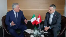 Italy's Minister for Foreign Affairs Antonio Tajani and Swiss Federal Councilor and Head of the Federal Department of Foreign Affairs Ignazio Cassis at Kursaal Bern during the Swiss Ambassadors annual conference, Switzerland, 19 August 2025. ANSA/GIUSEPPE LAMI