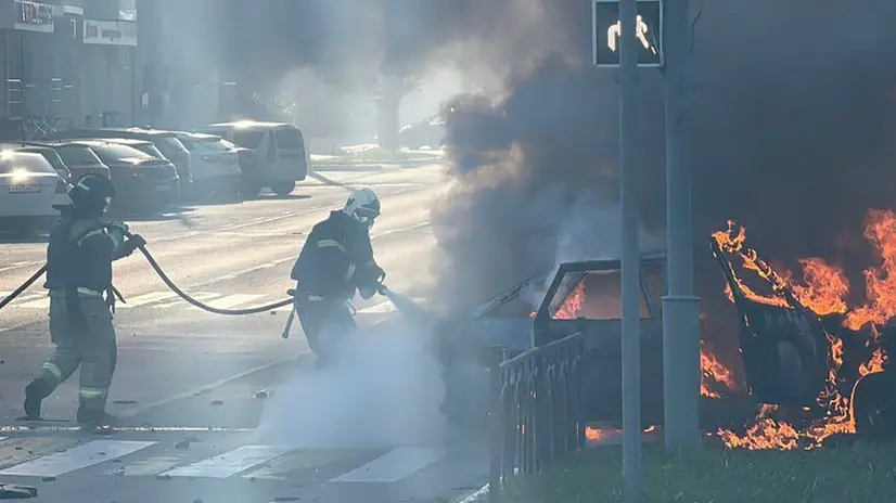 epa12299576 A still image taken from a handout video made available by the official telegram channel of the Governor of the Belgorod Region, Vyacheslav Gladkov, shows a burning car after a reported Ukrainian drone strike in Belgorod, Russia, 14 August 2025. Three civilians were injured after a Ukrainian drone struck a car in the center of Belgorod, the region's governor said. EPA/BELGOROD REGION GOVERNOR VYACHESLAV GLADKOV VIA TELEGRAM HANDOUT -- MANDATORY CREDIT -- BEST QUALITY AVAILABLE -- HANDOUT EDITORIAL USE ONLY/NO SALES/NO ARCHIVES