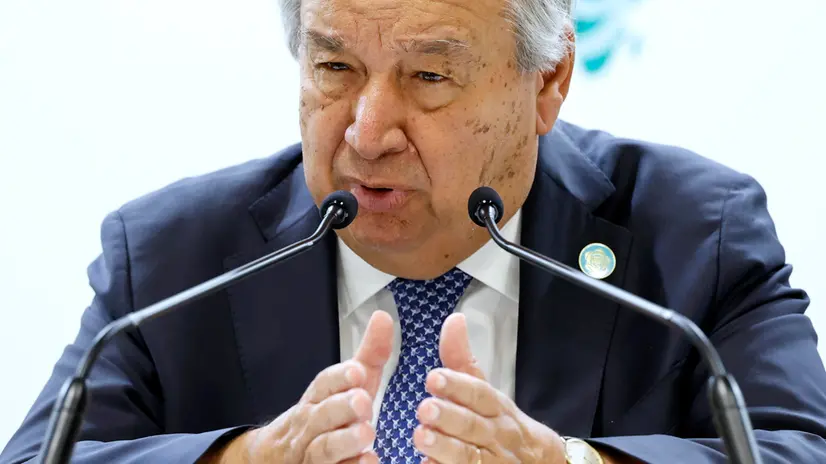 epa12313660 United Nations Secretary-General Antonio Guterres speaks during a press conference on the sidelines of the Tokyo International Conference on African Development (TICAD IX) in Yokohama, near Tokyo, Japan, 21 August 2025. Some 50 African states and international organisations participated in the three-day TICAD IX. EPA/FRANCK ROBICHON