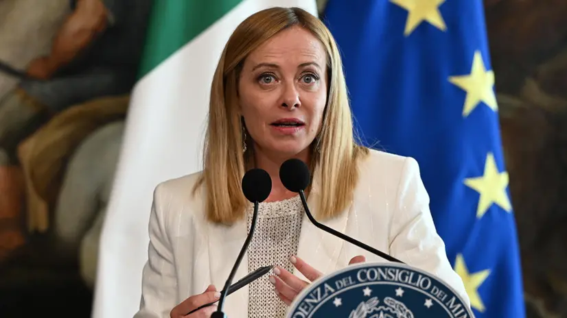 Italian Prime Minister Giorgia Meloni, speaks to the media after meeting with Austrian Federal Chancellor Christian Stocker, at Chigi Palace in Rome, Italy, 15 July 2025. ANSA/MAURIZIO BRAMBATTI