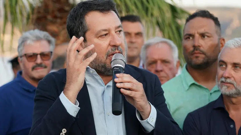 Il ministro dei Trasporti e delle Infrastrutture Matteo Salvini a Messina per partecipare al direttivo regionale straordinario della Lega. Messina, 6 agosto 2025. ANSA/CARMELO IMBESI