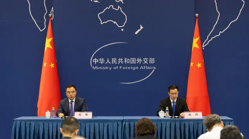 epa12315818 Liu Bin (lL), Assistant Foreign Minister; and Lin Jian, Foreign Ministry Spokesperson, participate in a press conference in Beijing, China, 22 August 2025. During the press conference, the Shanghai Cooperation Organization Tianjin Summit was discussed. EPA/JESSICA LEE