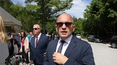 Il commissariato straordinario alla ricostruzione post sisma Guido Castelli alla cerimonia di inaugurazione del cantiere della cabinovia Frontignano- Cornaccione. Ussita, 12 luglio 2025. ANSA / GIANLUIGI BASILIETTI / NPK