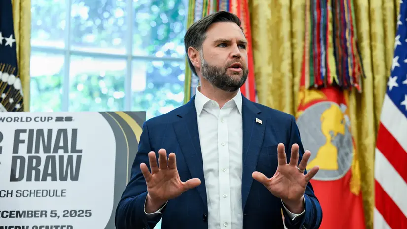 epa12317166 US Vice President JD Vance speaks after President Donald Trump announced the 2026 FIFA World Cup draw will be held at the Kennedy Center in December 2025, in the Oval Office of the White House in Washington, DC, USA, 22 August 2025. The 2026 FIFA World Cup, coming to North America next summer will be the first World Cup with three host countries in the U.S., Canada and Mexico, and it will be the first to feature a 48-team field. EPA/ANNABELLE GORDON / POOL