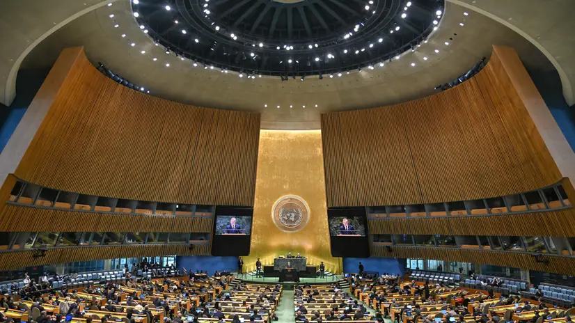 epa11940919 Polish President Andrzej Duda (C) speaks during a special session of the UN General Assembly at the United Nations headquarters in New York, USA, 04 March 225. The Polish presidential couple continues their visit to the USA. EPA/RADEK PIETRUSZKA POLAND OUT