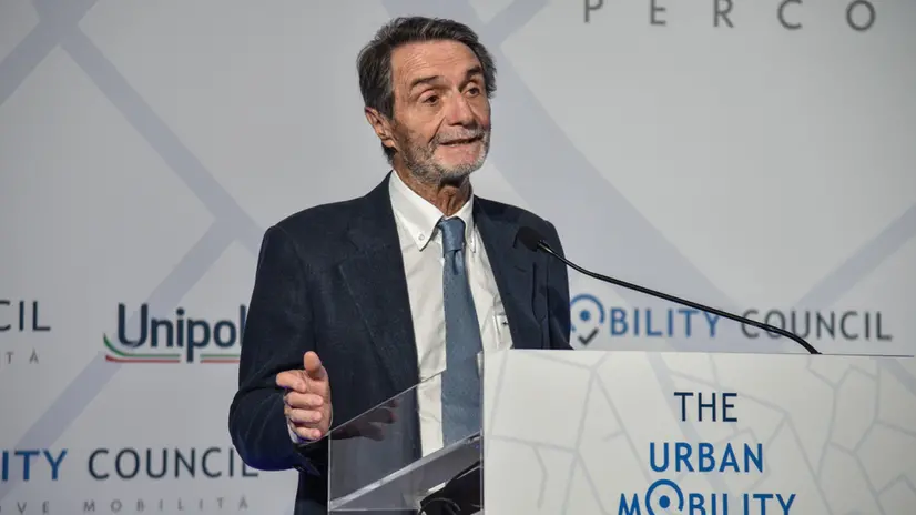 Il presidente della Lombardia Attilio Fontana all’incontrro su mobilità urbana del think tank “The Urban Mobility Council” alla Triennale, Milano 7 Luglio 2025 ANSA/MATTEO CORNER
