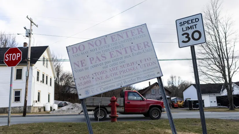 epa12004119 A do not enter sign is displayed near the entrance of the Haskell Free Library and Opera House, which is built directly on the international border between the United States and Canada, in Derby Line, Vermont, USA, 01 April 2025. Since the Haskell Free Library and Opera House's founding in 1901, library card holders from Canada have been able to use the library's front door in the United States without passing through an official international border crossing. The Trump administration, citing security concerns, has announced that this policy is set to change on 01 October 2025 and Canadian citizens will be required to pass through a more formal border crossing. The library has plans to create an entrance on the Canadian side of the border. EPA/JUSTIN LANE
