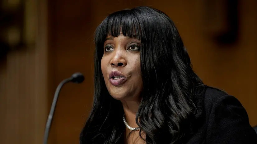 epa09725169 Dr. Lisa DeNell Cook, of Michigan, nominated to be a Member of the Board of Governors of the Federal Reserve System, speaks before a Senate Banking, Housing and Urban Affairs Committee confirmation hearing on Capitol Hill in Washington, DC, USA, 03 February 2022. EPA/KEN CEDENO / POOL