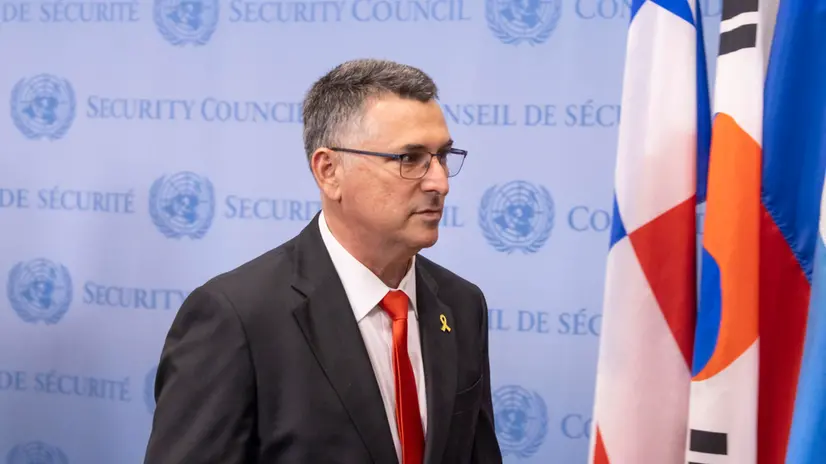 epa12285094 Israel’s Foreign Minister Gideon Sa'ar during a press conference before the start of a United Nations Security Council meeting on the conflict between Israel and Hamas at United Nations headquarters in New York, New York, USA, 05 August 2025. EPA/JUSTIN LANE