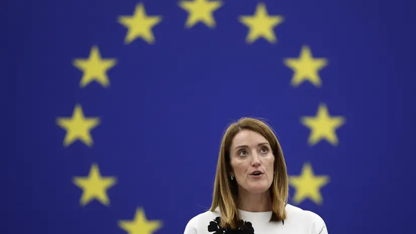 epa12222688 European Parliament President Roberta Metsola speaks during a commemoration of the 30th anniversary of the Srebrenica genocide at the European Parliament in Strasbourg, France, 07 July 2025. More than 8,000 Muslims, mostly men and boys, were executed by Bosnian Serb forces in the 1995 massacre in Srebrenica, Bosnia and Herzegovina, considered to be the worst atrocity of the 1992-95 Bosnian War. EPA/GUILLAUME HORCAJUELO