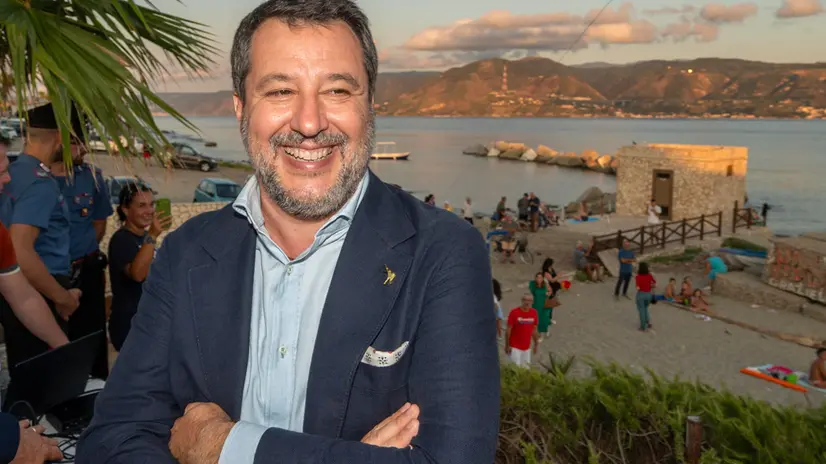 Il ministro dei Trasporti e delle Infrastrutture Matteo Salvini a Messina per partecipare al direttivo regionale straordinario della Lega. Messina, 6 agosto 2025. ANSA/CARMELO IMBESI
