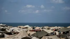 epa12289959 Tents of internally displaced Palestinians, who fled from the east of Gaza City and northern Gaza, in the west of the northern Gaza Strip, 08 August 2025. EPA/MOHAMMED SABER