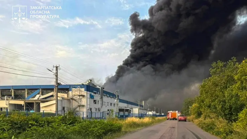 epa12314489 A handout photo made available by the Zakarpattia Region Prosecutor's Office shows the site of a Russian strike on an industrial facility, after a massive overnight attack on Mukachevo, Western Ukraine, 21 August 2025. At least 16 people were injured in Mukachevo after Russia launched a large-scale combined attack with at least 40 missiles of different types and 574 drones across Ukraine, according to the State Emergency Service. EPA/ZAKARPATTIA REGION PROSECUTOR'S OFFICE / HANDOUT HANDOUT EDITORIAL USE ONLY/NO SALES