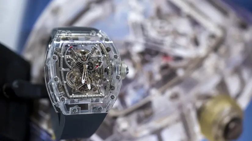 epa10282121 A transparent sapphire crystal and titanium skeletonised Richard Mille Tourbillon Sapphire limited edition, during a preview at the Christie's, in Geneva, Switzerland, 02 November 2022. It is estimated to sell between 2,500,000 - 4,500,000 Swiss Francs (Euro 2,535,000 - 4,563,000). The auction will take place in Geneva on November 06. EPA/MARTIAL TREZZINI