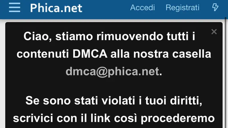 Il post pubblicato dal sito Phica.eu in cui si annuncia la chiusura - Foto Ansa © www.giornaledibrescia.it