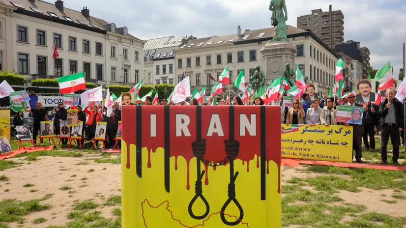 epa10650437 A view of a banner reading 'no to executions' as Iranian opposition organizations members take part in a demonstration against the Iranian regime in front of the European Parliament in Brussels, Belgium, 24 May 2023. Demonstrators protested against Iran's 'wave of executions' outside the European Parliament in Brussels as National Council of Resistance of Iran (NCRI) President-elect Maryam Rajavi met with MEPs. EPA/OLIVIER MATTHYS