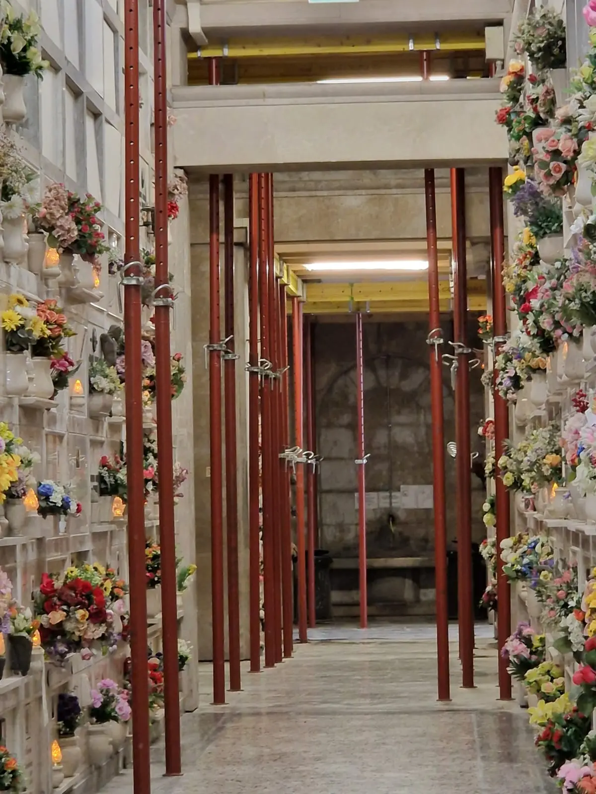 Al cimitero monumentale Vantiniano l'infilata di pali che sostiene i colombari