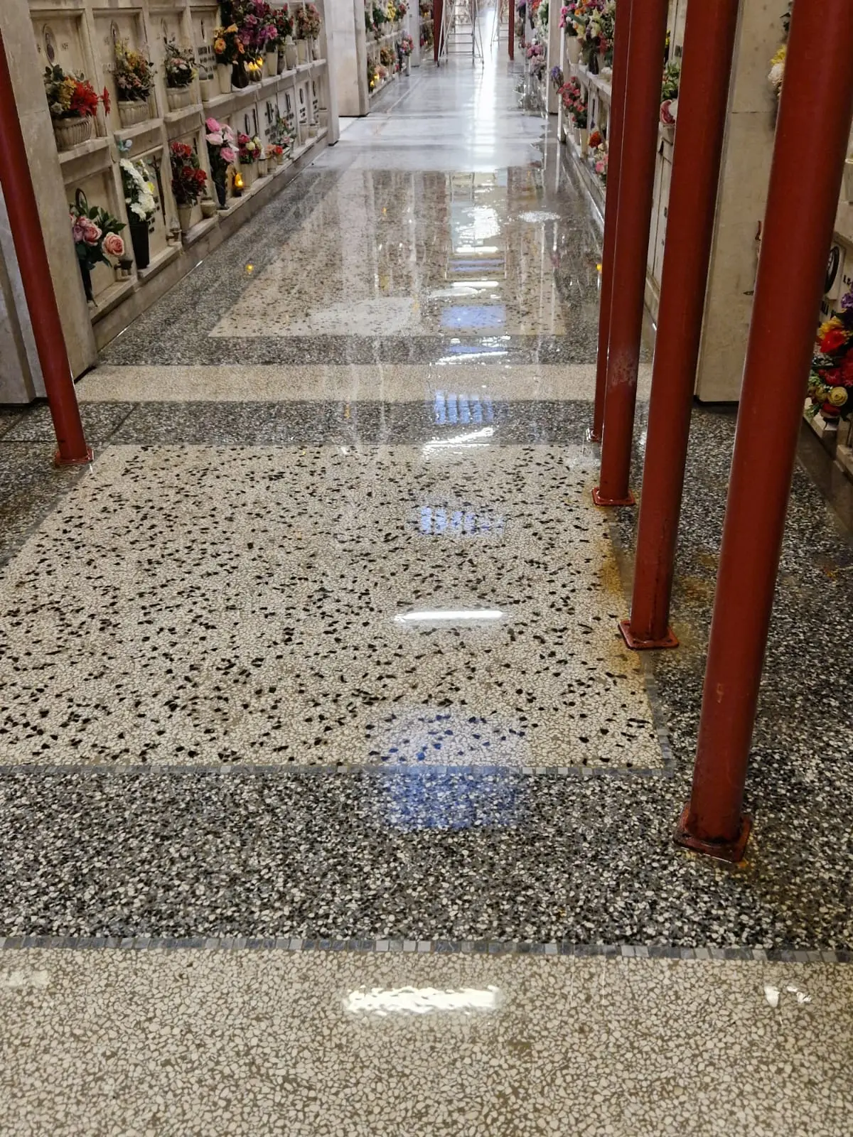 Al cimitero monumentale Vantiniano l'infilata di pali che sostiene i colombari