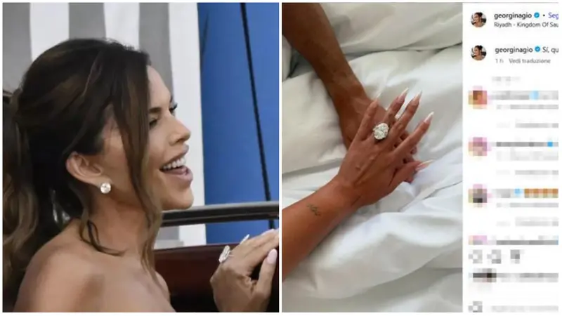 A sinistra Laura Sanchez Bezos indossa il suo diamante rosa, a destra la pietra da 25-35 carati dei Georgina Rodriguez