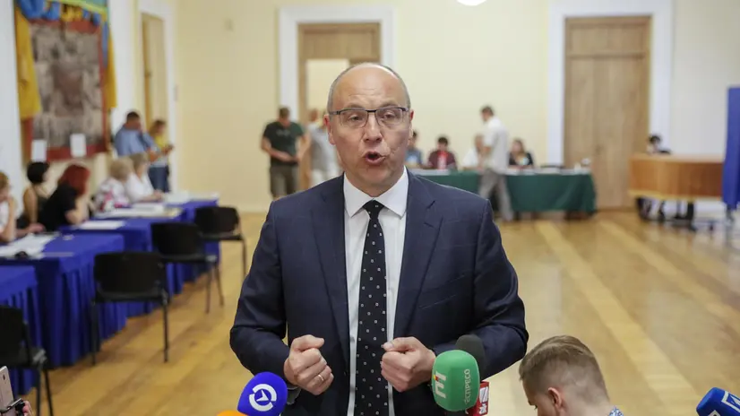 epa07730843 Andriy Parubiy, the speaker of Ukrainian Parliament speaks with media after casting his vote at a polling station during parliamentary elections in Kiev, Ukraine, 21 July 2019. Ukrainians are heading to the polls in snap parliamentary elections after President Volodymyr Zelensky dissolved parliament during his inauguration on 21 May 2019. EPA/SERGEY DOLZHENKO
