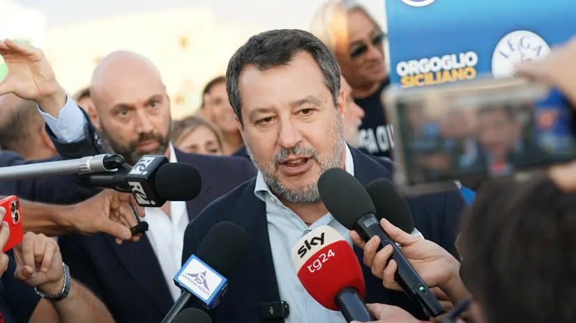 Il ministro dei Trasporti e delle Infrastrutture Matteo Salvini a Messina per partecipare al direttivo regionale straordinario della Lega. Messina, 6 agosto 2025. ANSA/CARMELO IMBESI