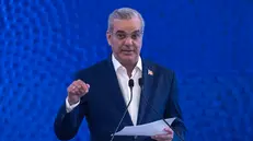 epa12283609 Dominican President Luis Abinader speaks during his weekly press conference at the National Palace in Santo Domingo, Dominican Republic, 04 August 2025. EPA/Orlando Barria