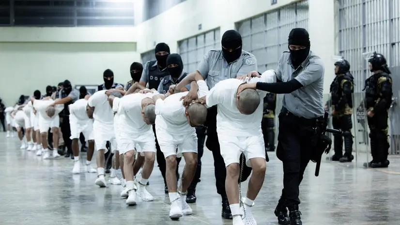 epa11969342 A handout photo made available by the Presidency of El Salvador shows guards at the Terrorism Confinement Center (Cecot) transferring alleged members of the criminal gang known as Tren de Aragua, in San Luis Talpa, El Salvador, 16 March 2025. The President of El Salvador Nayib Bukele, announced through his X account that the country received 238 members of the Tren de Aragua gang and that they will be held for a year at Cecot. EPA/Presidency of El Salvador / HANDOUT /EDITORIAL USE ONLY/ ONLY AVAILABLE TO ILLUSTRATE THE ACCOMPANYING NEWS (CREDIT MANDATORY)HANDOUT EDITORIAL USE ONLY/NO SALES