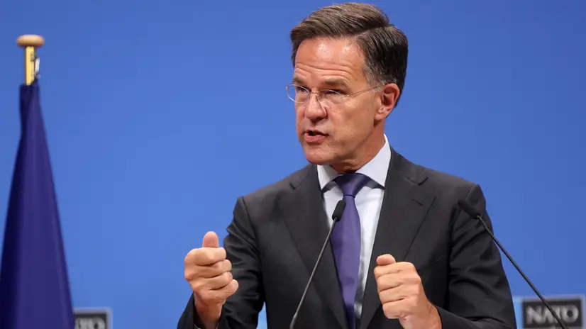 epa12347799 North Atlantic Treaty Organization (NATO) Secretary General Mark Rutte attends a joint press conference with the president of Estonia following their meeting at the NATO Headquarters in Brussels, Belgium, 03 September 2025. EPA/OLIVIER HOSLET
