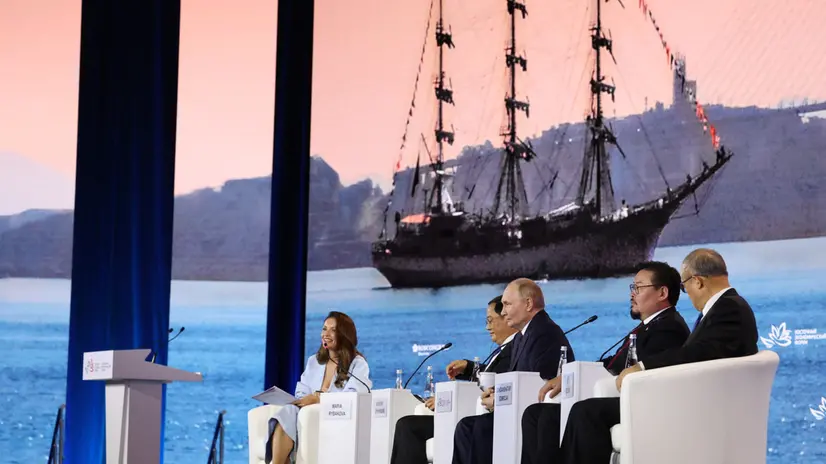 epa12353928 (L-R) TV anchor Maria Rybakova, Laotian Prime Minister Sonexay Siphandone, Russian President Vladimir Putin, Mongolian Prime Minister Gombojav Zandanshatar and member of the Politburo of the Central Committee of the Chinese Communist Party and Vice Chairman of the Standing Committee of the National People's Congress of China Li Hongzhong attend a plenary session of the 2025 Eastern Economic Forum (EEF) at the Far Eastern Federal University on Russky Island in Vladivostok, Russia, 05 September 2025. EPA/ALEXANDER KAZAKOV/SPUTNIK/KREMLIN POOL / POOL MANDATORY CREDIT