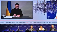 Ukrainian President Volodymyr Zelensky in video conference on the occasion of the first day of the 51th Ambrosetti Forum "The current and future scenario for competitive strategies". Cernobbio, Italy, 05 September 2025. ANSA/MICHELE MARAVIGLIA