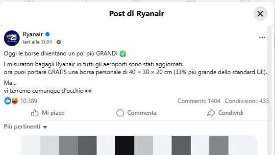 Il post di Ryanair su Facebook