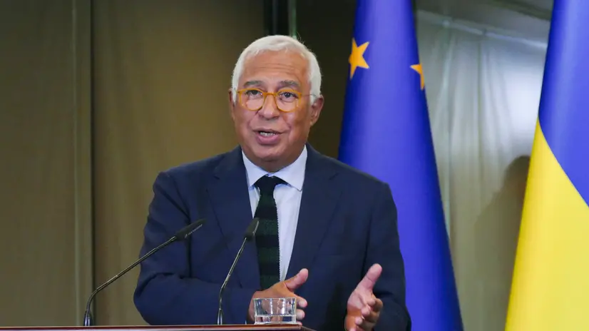 epa12354394 European Council President Antonio Costa addresses a joint press conference with Ukrainian President Volodymyr Zelensky (not pictured) following their meeting in the Transcarpathian city of Uzhhorod, Western Ukraine, 05 September 2025, amid the ongoing Russian invasion. Volodymyr Zelensky met with Antonio Costato to agree on common positions and discuss next steps, according to the Presidential Office Telegram Channel. EPA/STRINGER