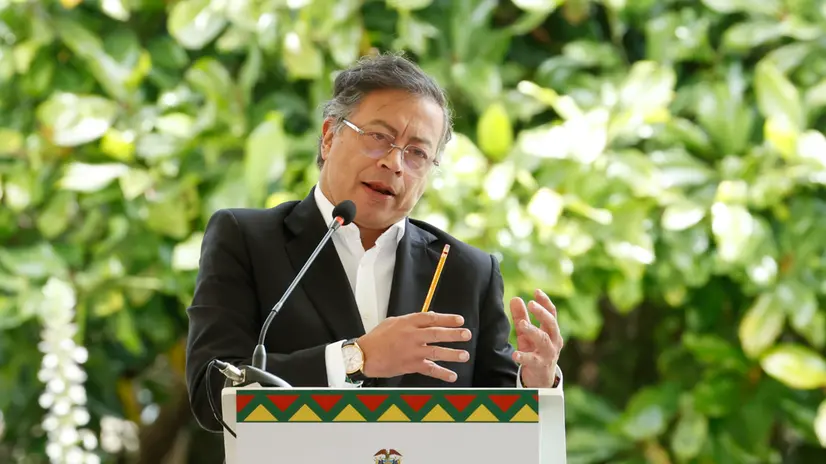 epa12317187 Colombian President Gustavo Petro speaks at the 5th Amazonian Countries Summit in Bogota, Colombia, 22 August 2025. The purpose of the meeting of presidents is to agree on a joint declaration on the protection of the Amazon that will be presented at COP30. EPA/MAURICIO DUENAS CASTANEDA