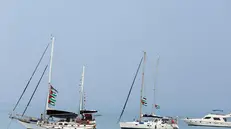 epa12362762 Vessels, part of the Global Sumud Flotilla, off the coast of Sidi Bou Said, Tunisia, 08 September 2025. The flotilla, an international maritime initiative, is expected to depart from Tunis on 10 September, as part of a multi-country humanitarian effort to reach the shores of Gaza and deliver humanitarian aid. EPA/MOHAMED MESSARA