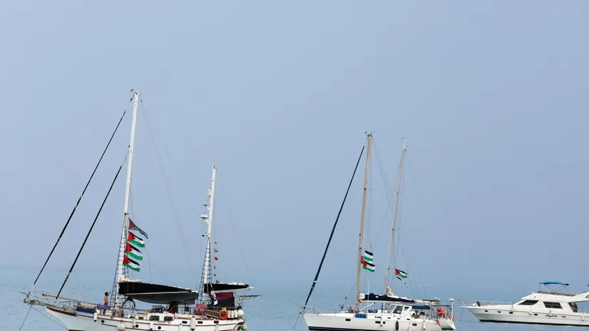 epa12362762 Vessels, part of the Global Sumud Flotilla, off the coast of Sidi Bou Said, Tunisia, 08 September 2025. The flotilla, an international maritime initiative, is expected to depart from Tunis on 10 September, as part of a multi-country humanitarian effort to reach the shores of Gaza and deliver humanitarian aid. EPA/MOHAMED MESSARA