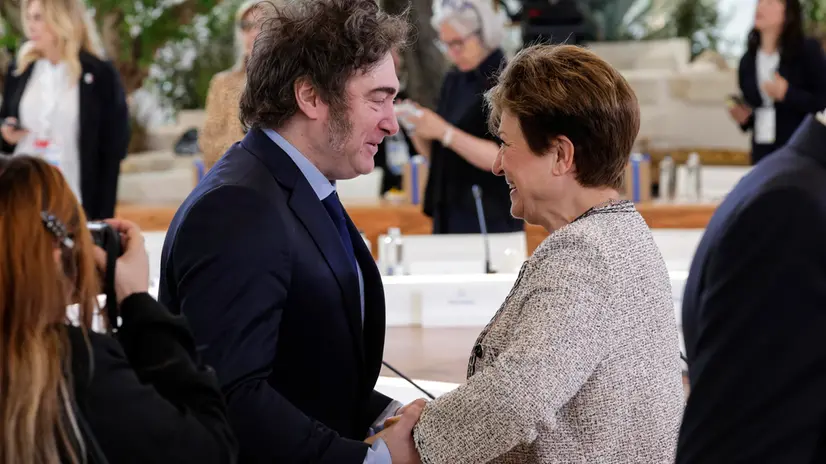 (L-R) Argentine President Javier Milei and Managing Director of the International Monetary Fund Kristalina Georgieva attend a Session VI – Artificial Intelligence, Energy, Africa- Mediterranean with G7 leaders and state leaders outreach during the Borgo Egnazia Summit in Brindisi, Italy, June 14, 2024 ANSA / GIUSEPPE LAMI
