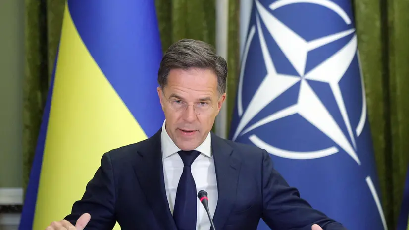 epa12316547 NATO Secretary General Mark Rutte speaks during a joint press conference with Ukrainian President Volodymyr Zelensky (not pictured) following their meeting in Kyiv, Ukraine, 22 August 2025. The NATO Secretary General arrived in Kyiv to meet with top Ukrainian officials, amid the ongoing Russian invasion. EPA/SERGEY DOLZHENKO