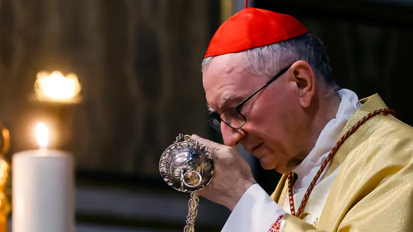 Il Segretario di Stato della Santa Sede, Pietro Parolin, celebra la santa messa della solennita di Santa Monica, presso la basilica di Sant'Agostino in Campo Marzio, Roma, 27 agosto 2025. ANSA/ANGELO CARCONI