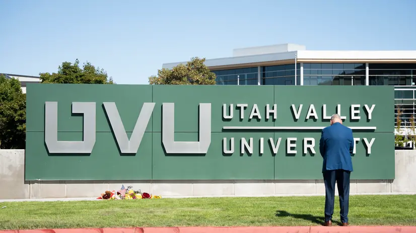 epa12370205 A man prays, the day after Charlie Kirk, CEO and co-founder of the conservative youth organization Turning Point USA, was shot dead, at Utah Valley University in Orem, Utah, USA, 11 September 2025.. Kirk was shot dead on 10 September at an event he was hosting at Utah Valley University. EPA/MARIELLE SCOTT