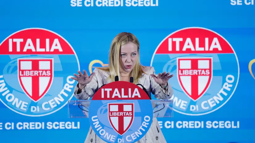 Il presidente del Consiglio Giorgia Meloni al centro congressi Crown Plaza durante la Festa Nazionale UdC, Roma, 13 Settembre 2025. ANSA/GIUSEPPE LAMI